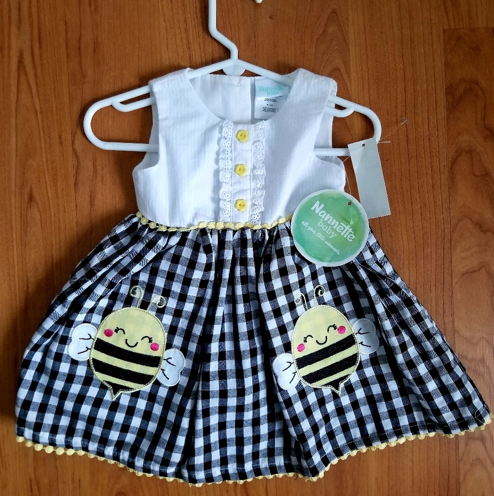 New Baby's Nannette Black and White Gingham Dress with Bee Appliques